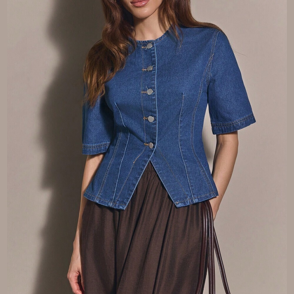 Blue Denim Button Front Fitted Peplum Top with Split Hem